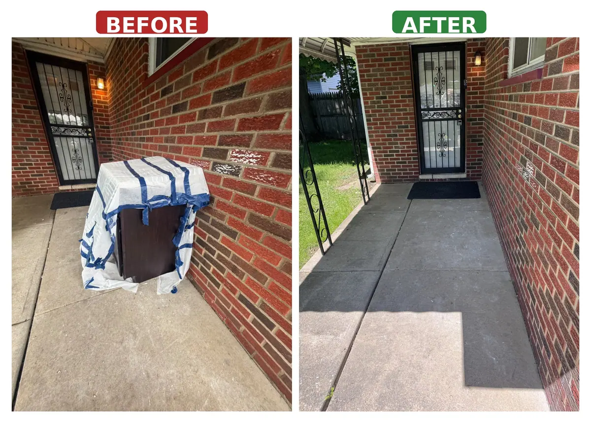 Before and after: a front porch cleanout — wrapped furniture and debris removed same-day, brick porch swept clean by NextGenJunkRemoval
