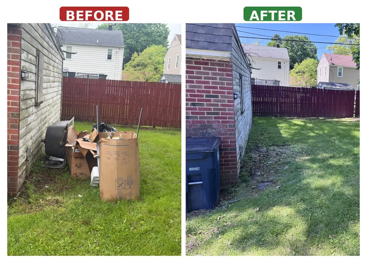 Before and after: a Northeast Ohio backyard cleanout — broken furniture, cardboard, and yard debris hauled away same-day by NextGenJunkRemoval, leaving a clean lawn