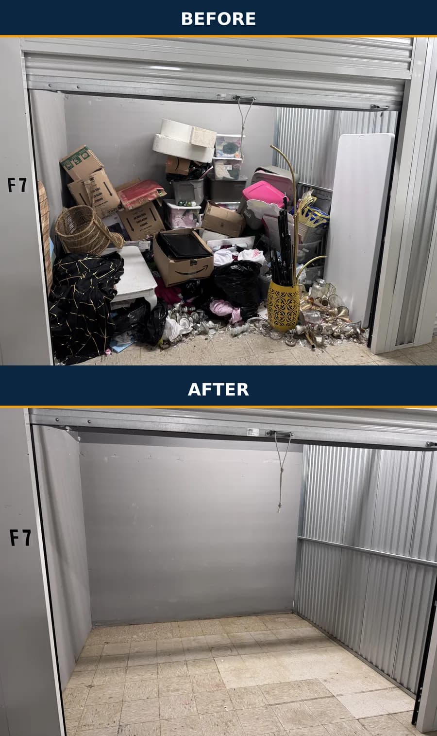 Before and after: a packed Northeast Ohio storage unit cleared to bare walls and a swept floor in a single same-day visit by NextGenJunkRemoval